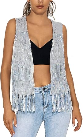 Womens Sequin Sleeveless Vest Sparkly Casual Open Front Waistcoat Jackets Glitter Vest Coat