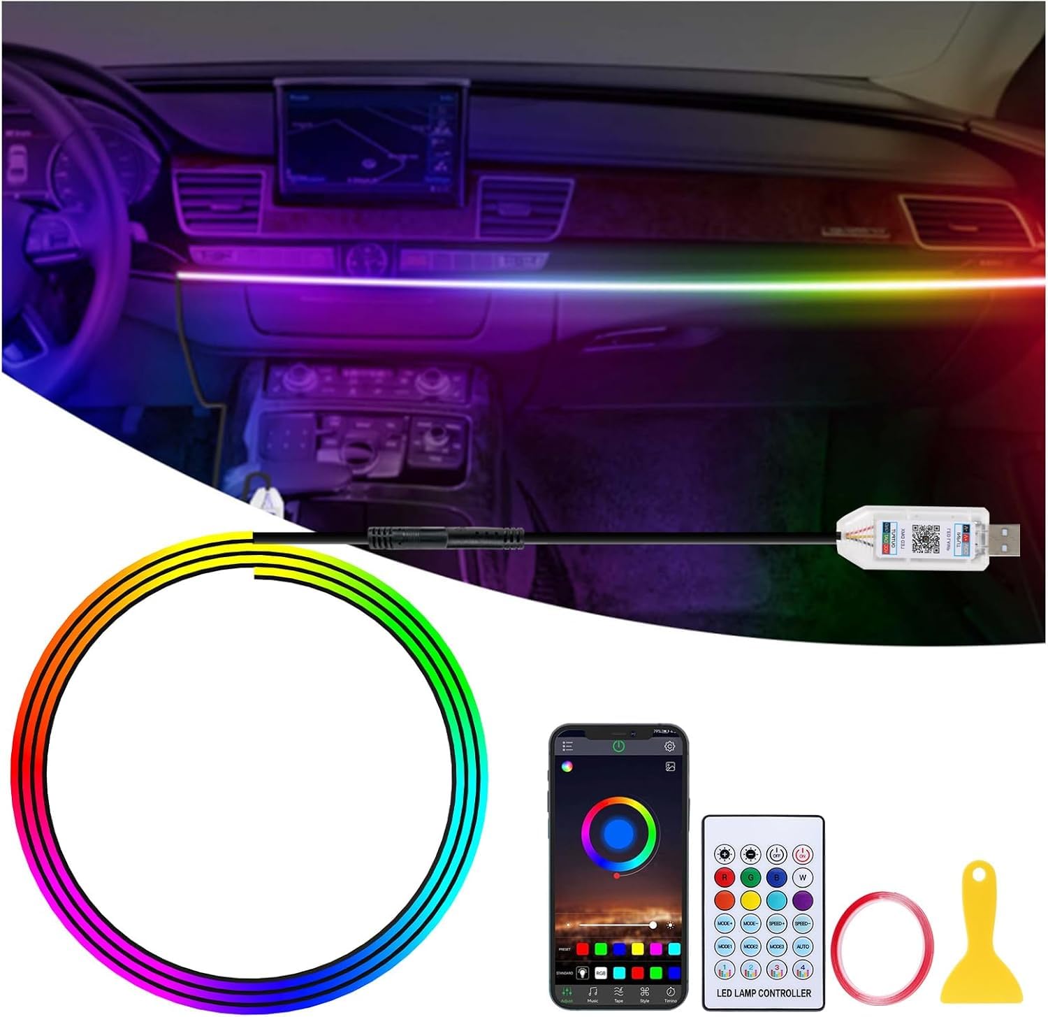 3T6B Illuminazione d'atmosfera LED in acrilico per auto, 16 milioni di colori, controllo tramite app e telecomando, illuminazione d'atmosfera USB per uomo e donna