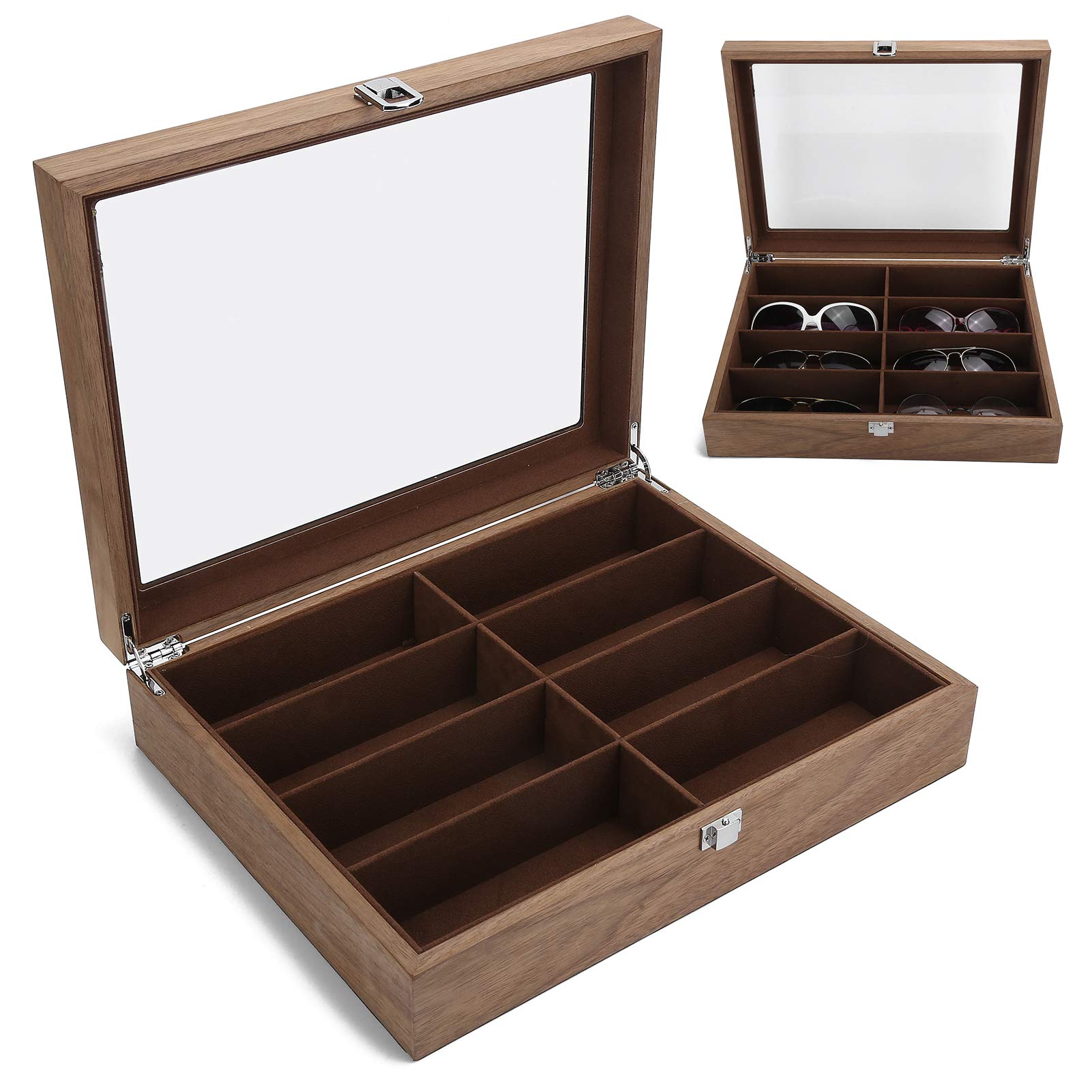 Bewinner Caja de Almacenamiento de 8 Gafas de Rejilla, Vitrina de Madera Maciza y Vidrio para Gafas de Sol, Organizador de Joyas con 8 Compartimentos Separados, Decoración de Viajes y Hogar