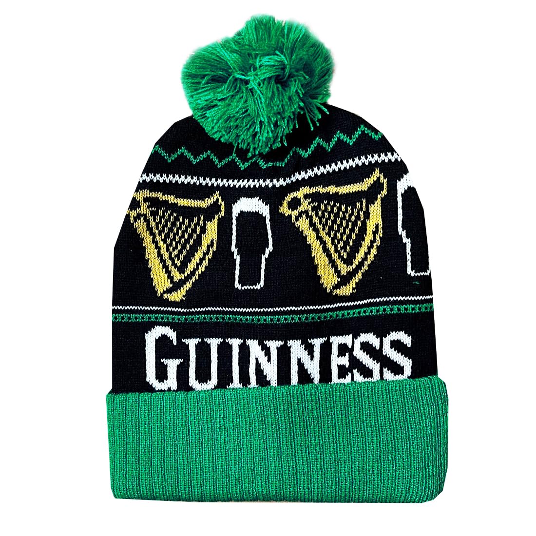 Guinness Green/Black Bobble Hat with Pint and Harp Design