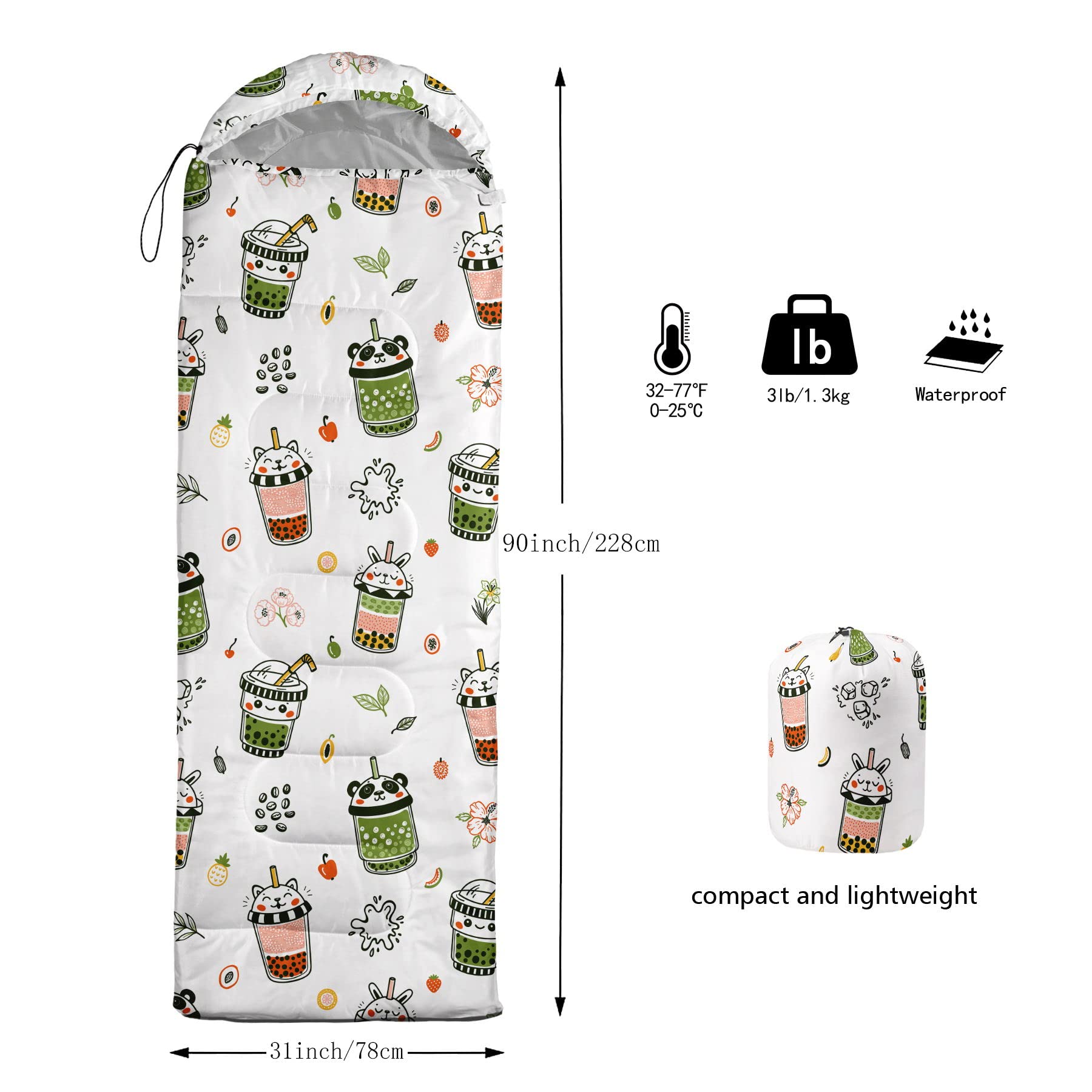 HOSIMA Sleeping Bags for Boys Girls Kids,Cute Milk Tea Printed Lightweight Warm Portable Outdoor Indoor Waterproof Cold Resistant Sleeping Bag for Camping Hiking (Milk) - Image 3