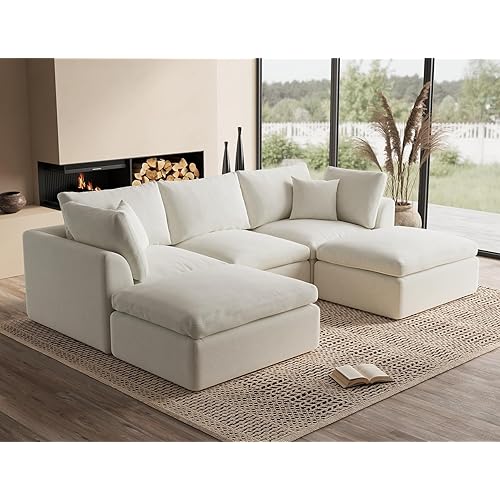 110" Cloud Sectional Couches for Living Room, Boneless U Shaped Couch with Ottoman, 3 Seater Modular Sectional Sofa, Warm White