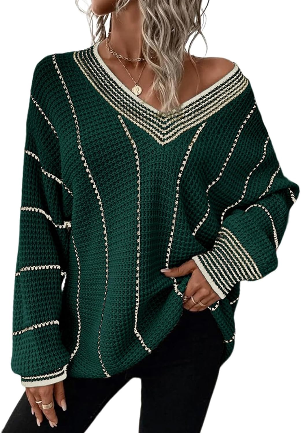 ZOCANIA Womens Fall Fashion 2024 V Neck Knitted Striped Sweater Women Long Sleeve Tunic Fall Sweaters Pullover Jumper Tops