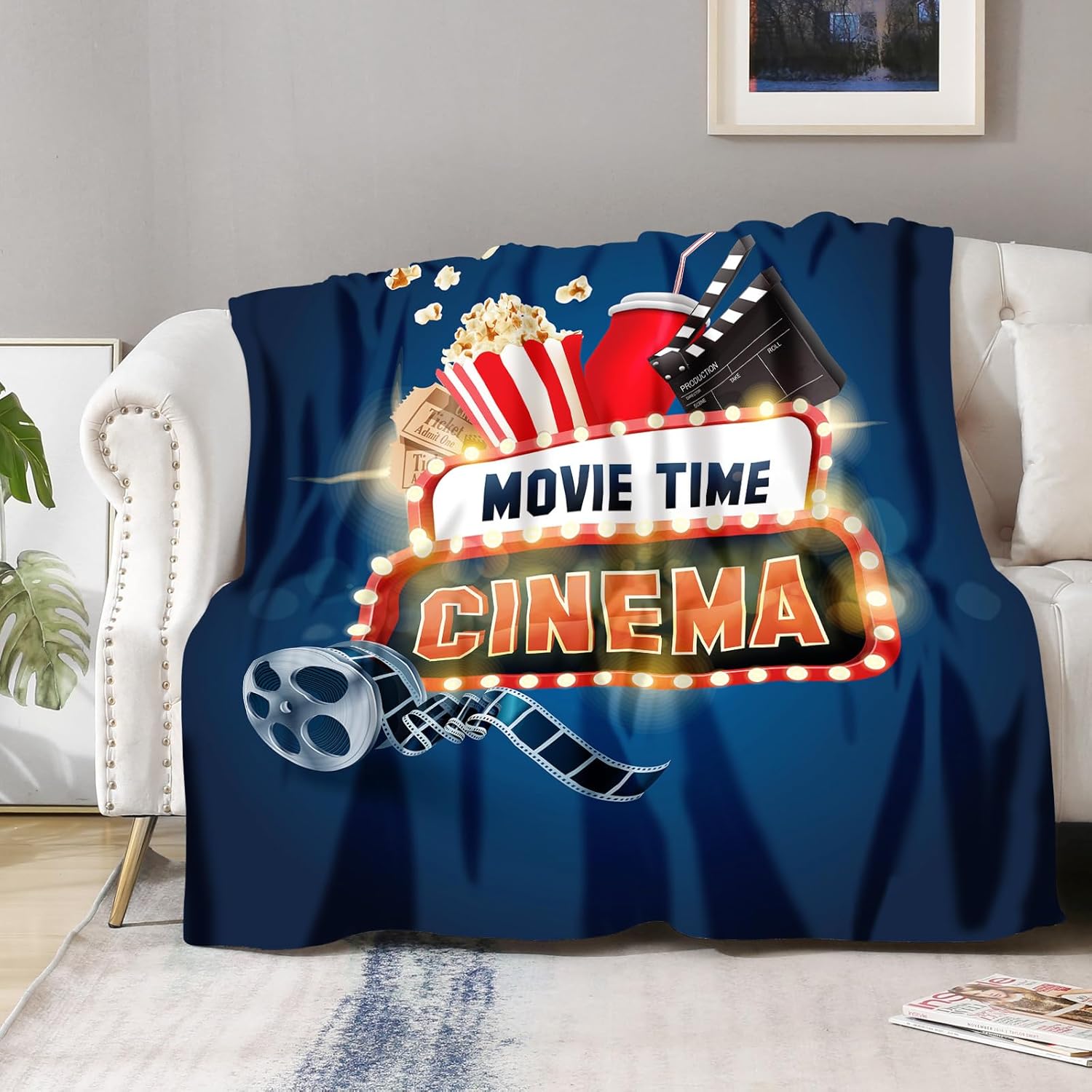 Aimego Movie Theme Blanket Gifts - Vintage Cinema Popcorn Movie Reel Throw for Boys Girls Men Adults Bedroom Living Room Decor Soft Bed Couch Birthday Christmas Lightweight Blanket 50"x60" - Image 3