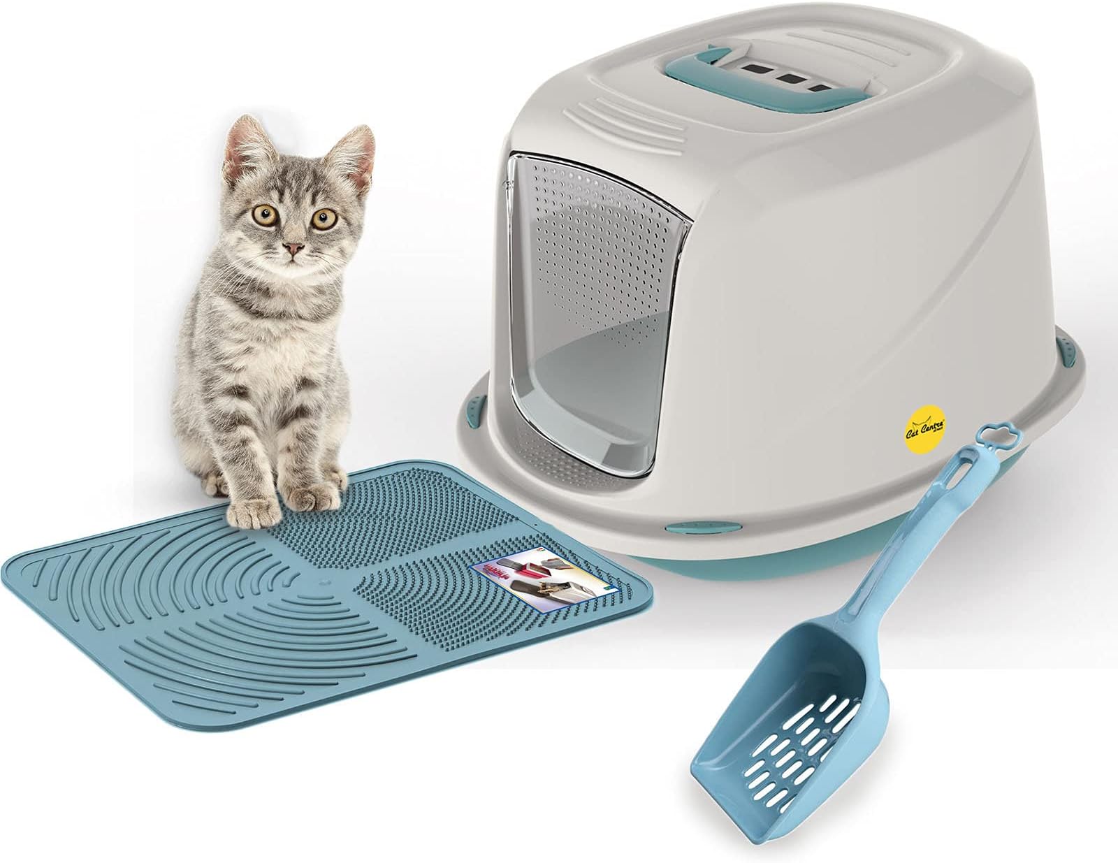 Medium Blue Hooded Kitten Litter Tray +Waste Scoop +Tray Mat Set Carbon Filter Small Cat Toilet Pet Box Loo Pan Starter Pack Portable Swing Flap Door Carry Handle Galaxy Easy Cleaning