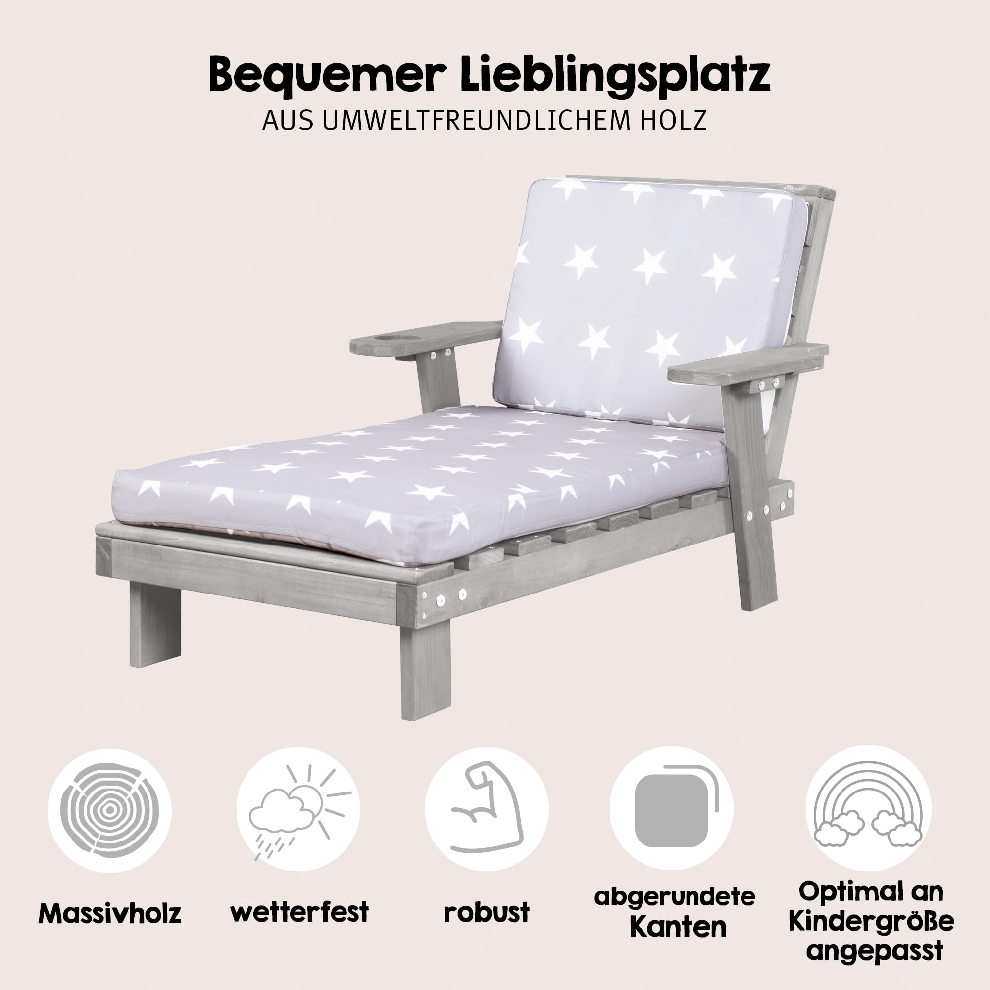 roba Sdraio per Bambini con Cuscini Little Stars - per Esterno, Giardino, Terrazza, all'Aria Aperta - Resistente alle Intemperie - con Portabicchieri - Certificato FSC - Legno Laccato Grigio