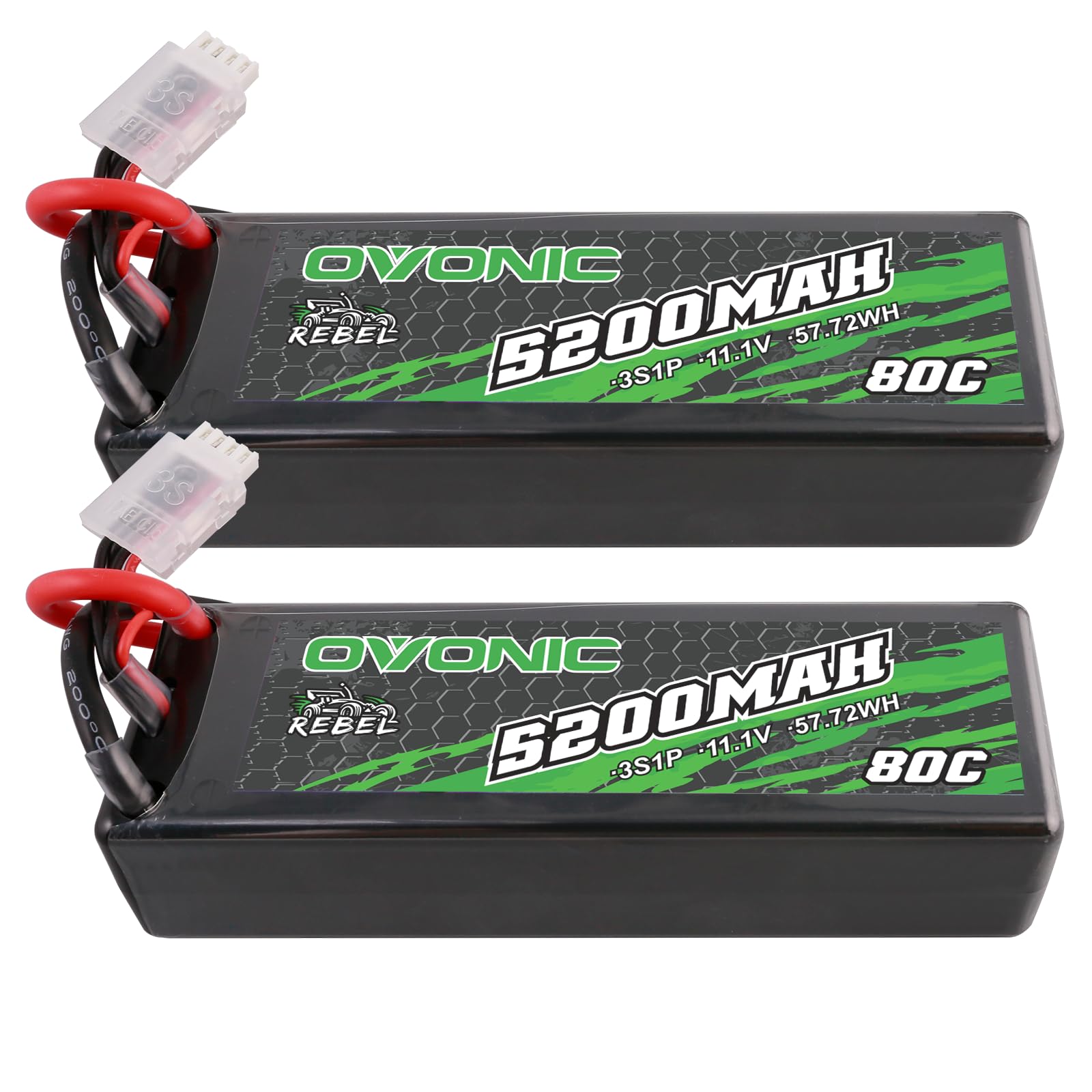 OVONIC Batterie Lipo RC 3S 80C 5200 mAh 11,1 V avec connecteur EC5 rigide pour voiture RC Monster Truck RC Truggy Buggy RC Truck Hobby (2 pièces)