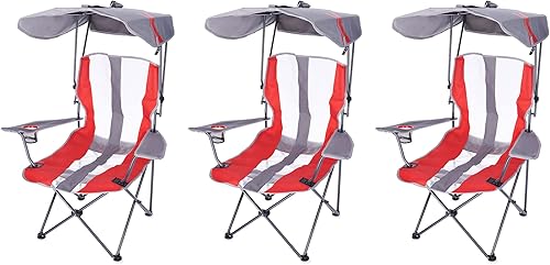 Kelsyus Silla de césped plegable y portátil para exteriores con reposabrazos, soporte para tazas y toldo de protección solar UPF 50+, rojo/negro