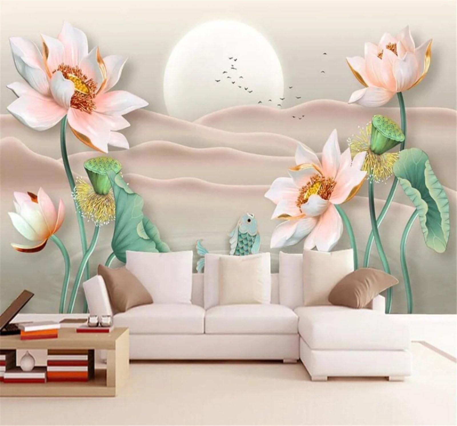 Xlming 250Cm×170Cm(B×H) Minimalism Beauty Lotus Birds In Flight Moon 3D Wallpaper Luxury Home Dining Decor Paste Sofa Living Room The Wall For Bedroom Mural-250Cm×170Cm