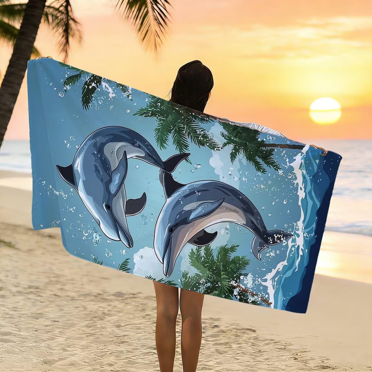 Telo Mare Microfibra, Telo Mare Grande 100x200cm 2 Pezzi, Asciugamano Palestra Donna Asciugatura Rapida, Antisabbia Asciugamano Microfibra, Leggero Asciugamani Palestra per Regalo (Delfino) -4314