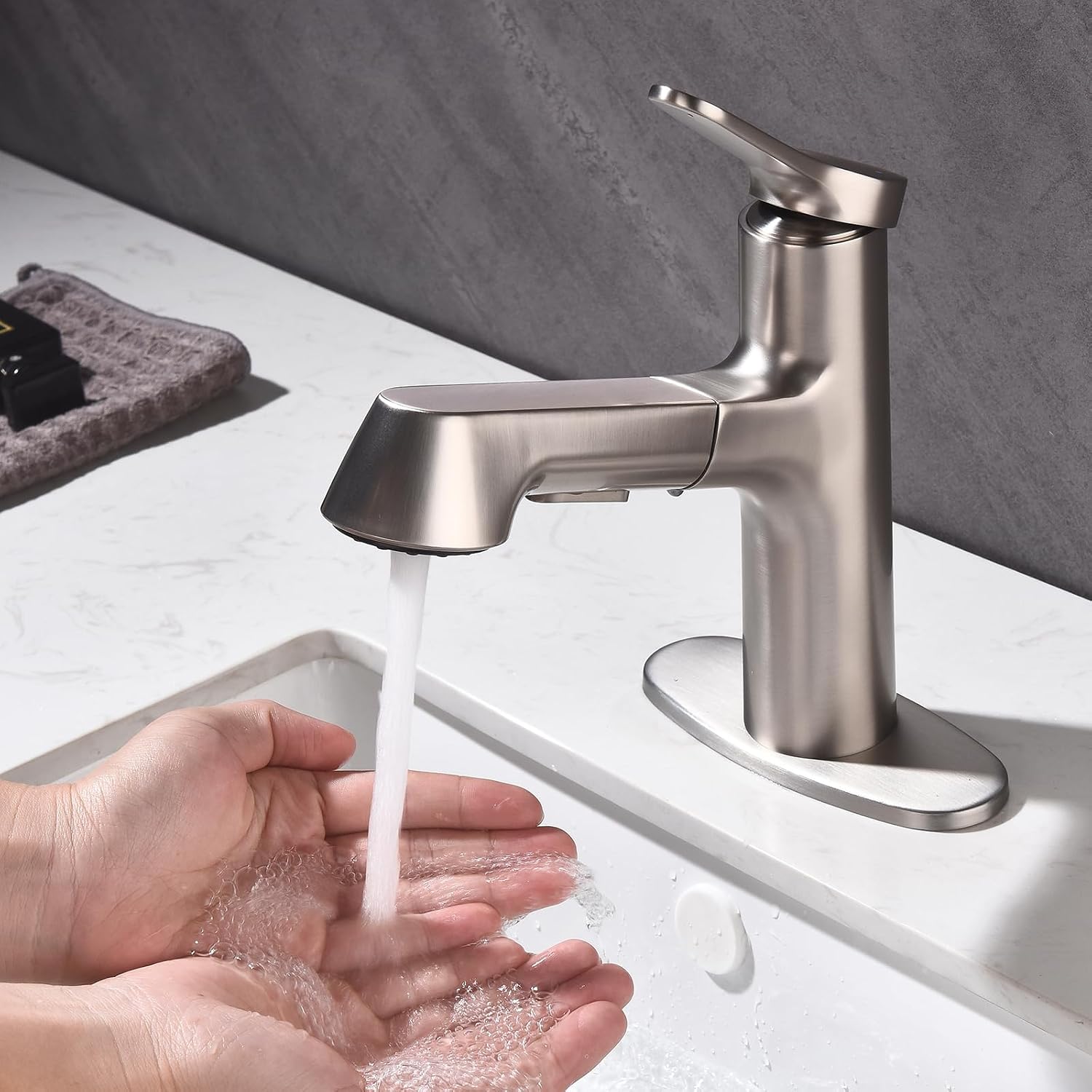 Bathroom Sink Faucet with Pull Down Sprayer, Single Handle Faucet Fits 1 or 3 Hole Installation, 4 Deck Plate Dual Spray Mode Vessel Sink Faucet Brushed Nickel