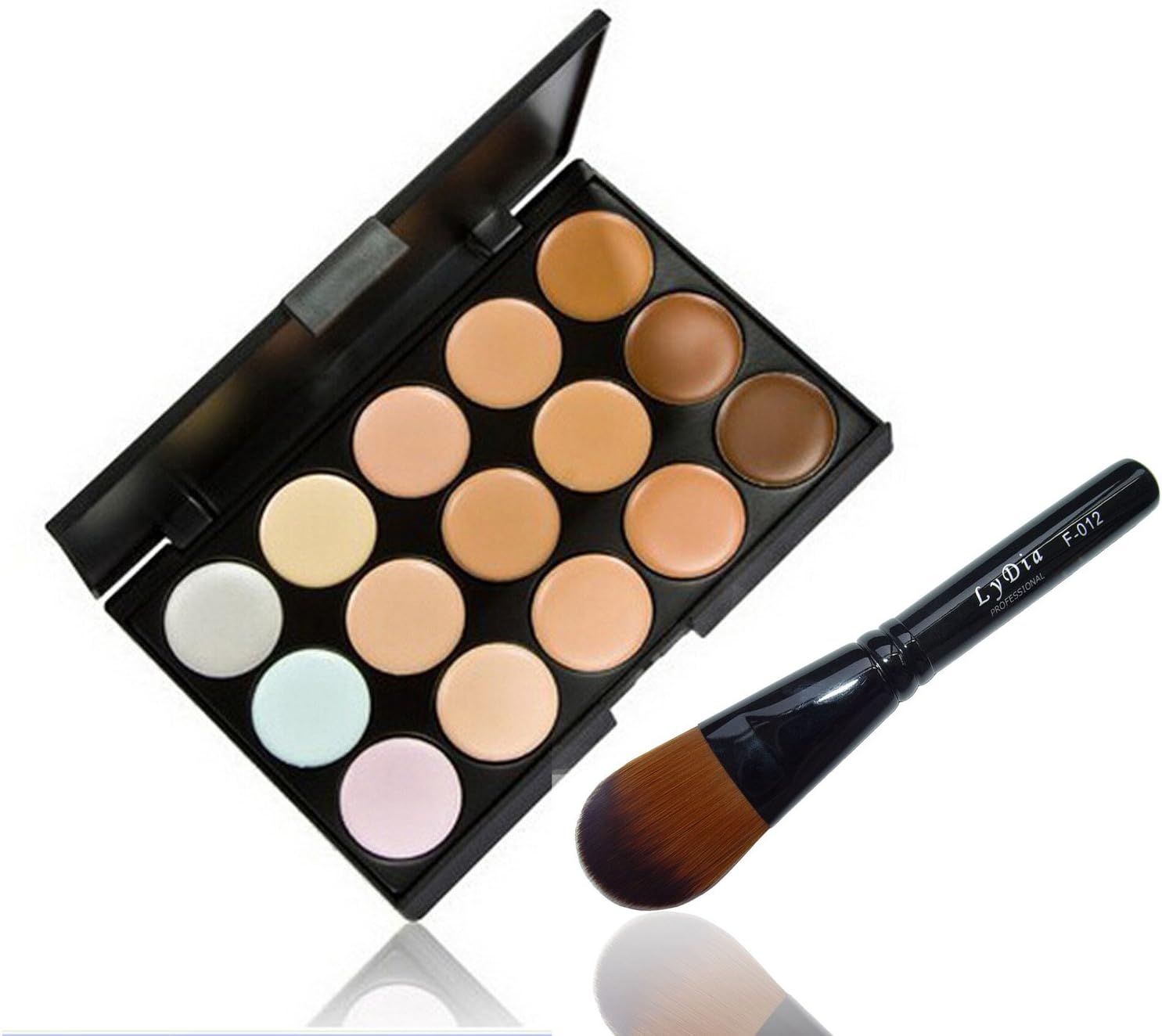 LyDia® 15 Colours Cream Concealer/Highlight/Face Contour Camouflage Palette Dull/Redness Skin/Black Circle kit set + LyDia Black Foundation/Concealer Brush F-012