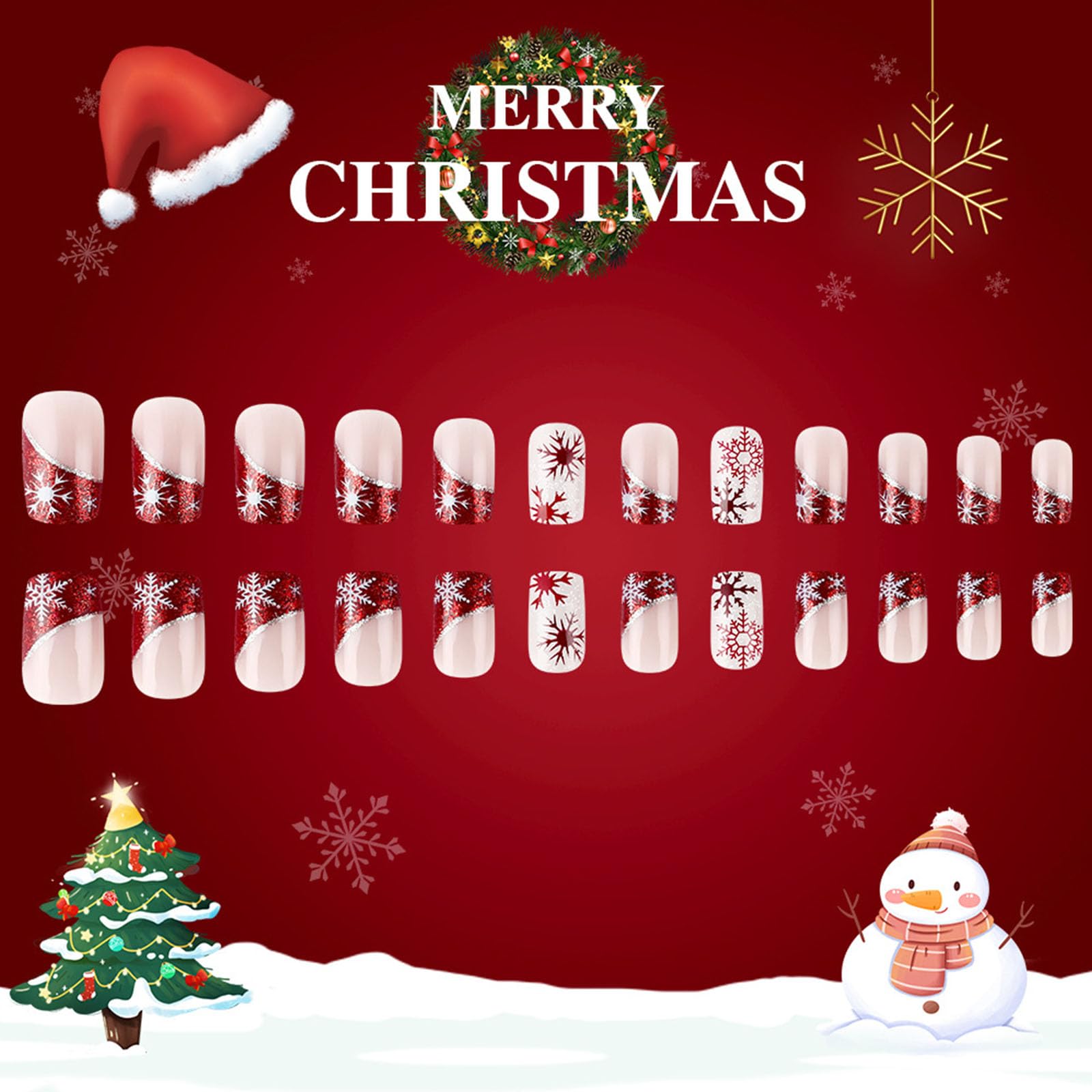 Snowflake Press on Nails Short Square Christmas Fake Nails with Red White Snowflake Designs Xmas Winter Red Silver Glitter French Tip False Nails Press ons Acrylic Glue on Nails for Women 24 Pcs