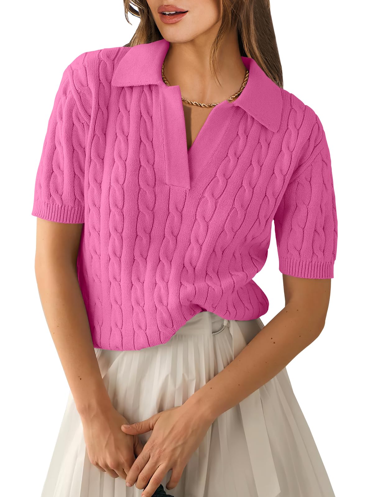 ANRABESS Women's Short Sleeve Sweaters Tops Polo V Neck Cable Knit Casual Soft Pullover Shirts 2026 Summer Outfits