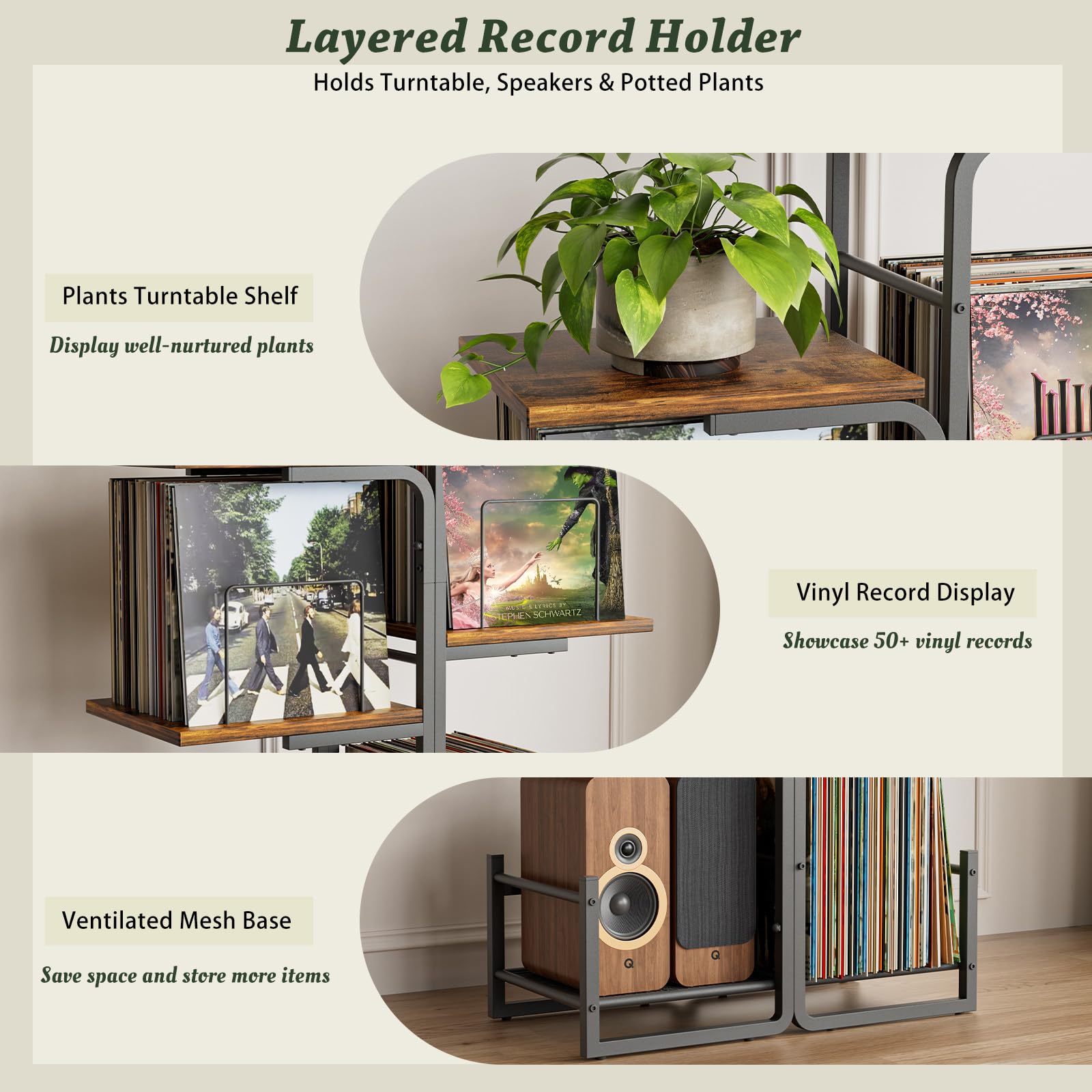 Bikoney Plattenspieler Ständer mit großem Vinyl Stauraum, Vintage Turntable Tisch mit LP Ablage & Schallplatten Display, Pflanzendesign Plattenschrank für Wohnzimmer, Schlafzimmer & kleine Räume