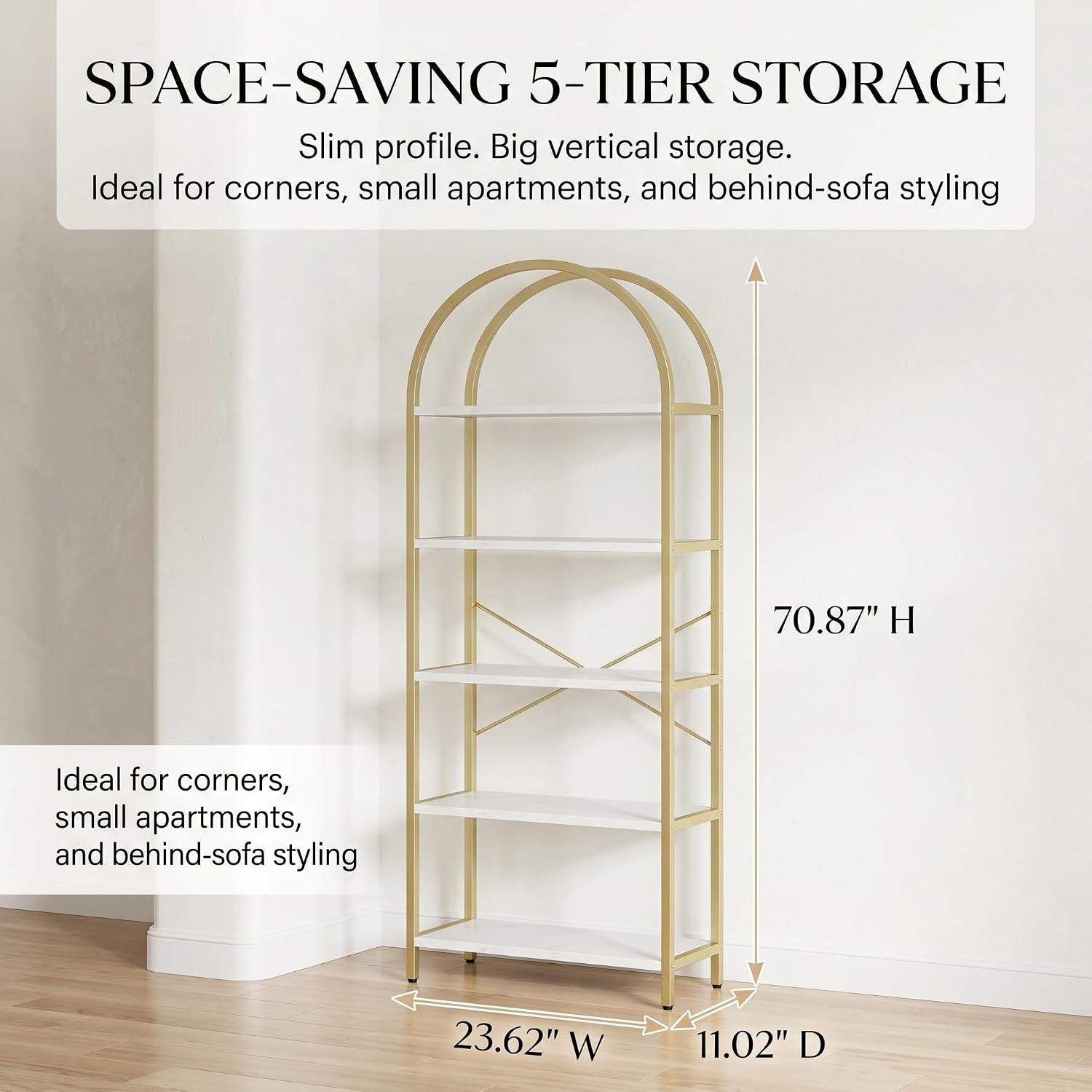 71" arched tall bookshelf, 5-tier bookcase with gold metal frame and white marble veneer, modern industrial storage display shelf for home office, living room, bedroom white & gold