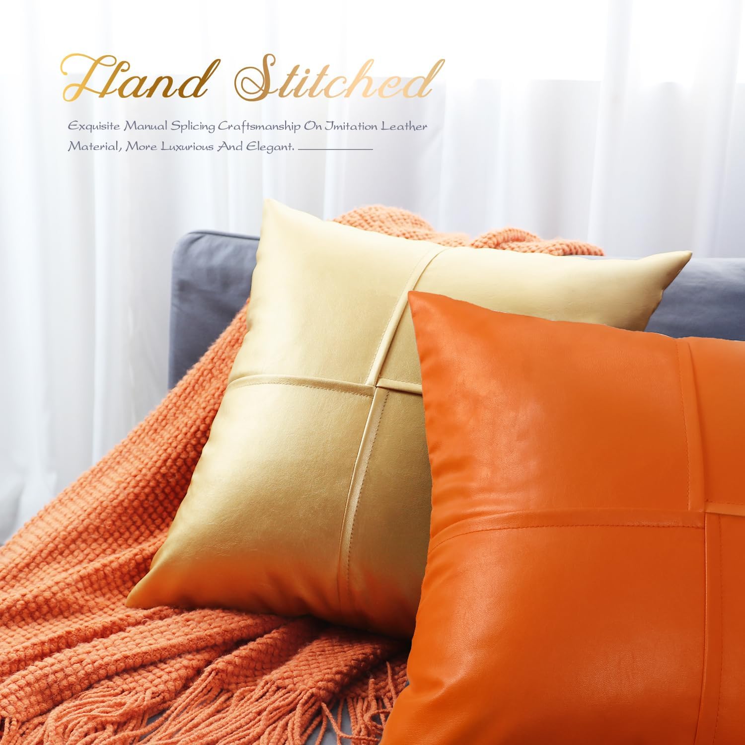 BRAWARM Faux Leather Throw Pillow Covers 22 X 22 Inches, Orange Leather Pillow Covers Pack of 2, Hand Stitched Leather Decorative Throw Pillows for Couch Sofa Bed Living Room Home Garden