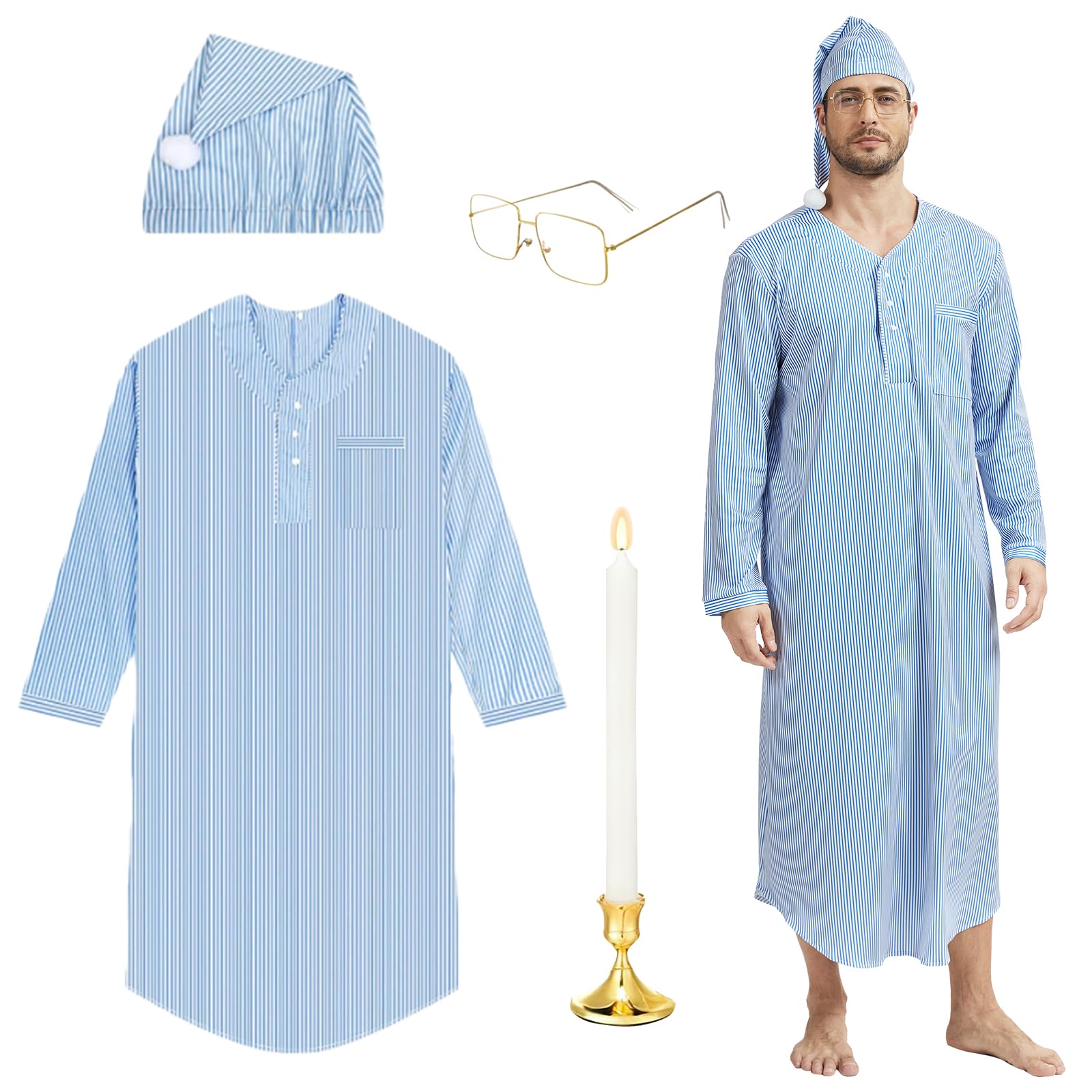 Conjunto de pijama divertido de 4 piezas para Navidad y carnavales, incluye bata, gorro de noche, gafas y velas de imitación