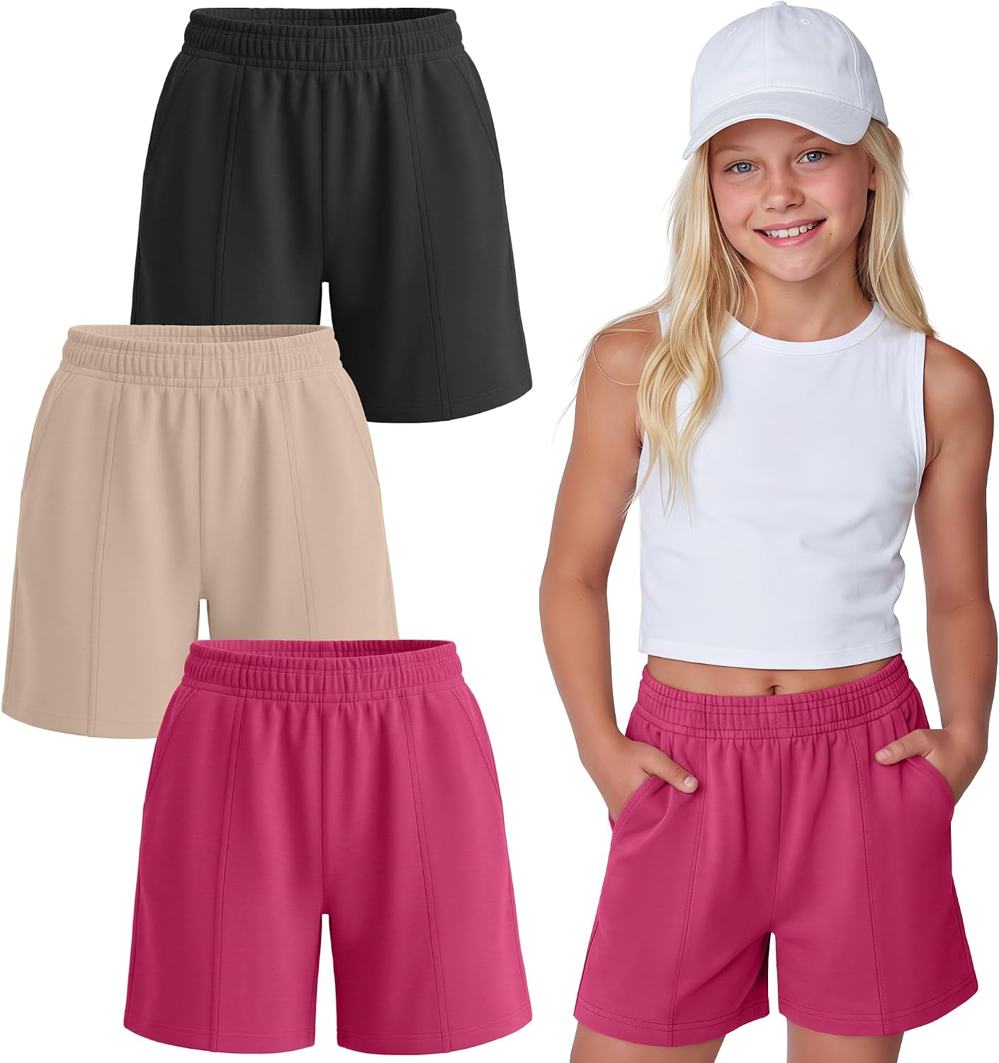 3 Pack Girls' Shorts Kids Wide Leg Athletic Sweat Shorts Elastic Waist Casual Summer Comfy Clothes with Pockets
