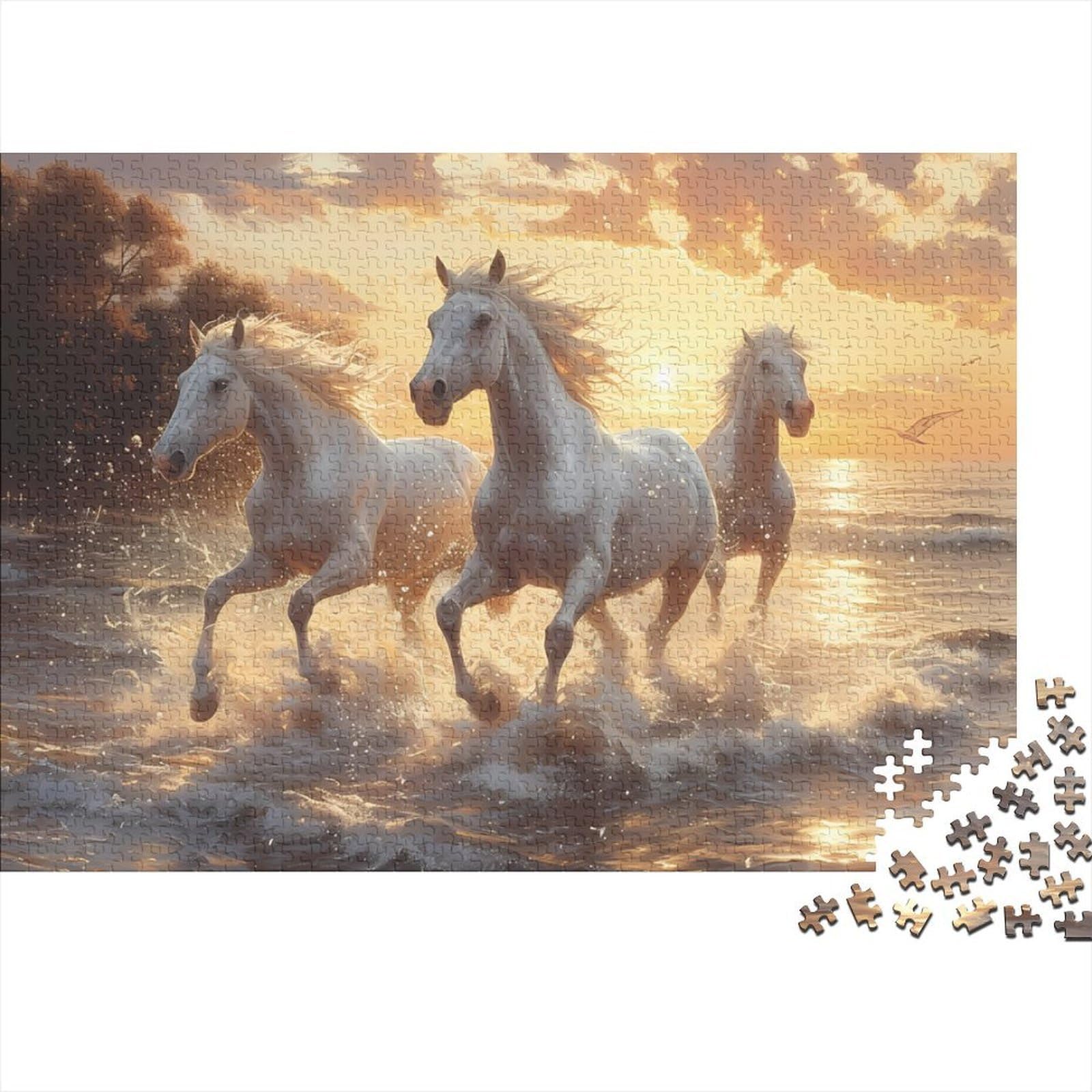 White Horses Galloping 1000 Piece Recycled Cardboard Sunset Beach Scene Art Puzzle Bundle, Educational Game, Personalised Gift, Wall Decor & Family Holidays 38x26cm/1000pcs — image 1
