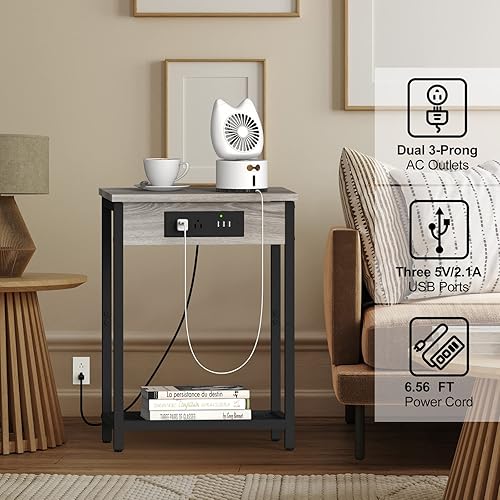 Miniatura 19 de CADUKE Juego de 2 mesitas de noche, mesita de noche con estación de carga para dormitorio, mesa auxiliar industrial con puertos USB y tomas de café