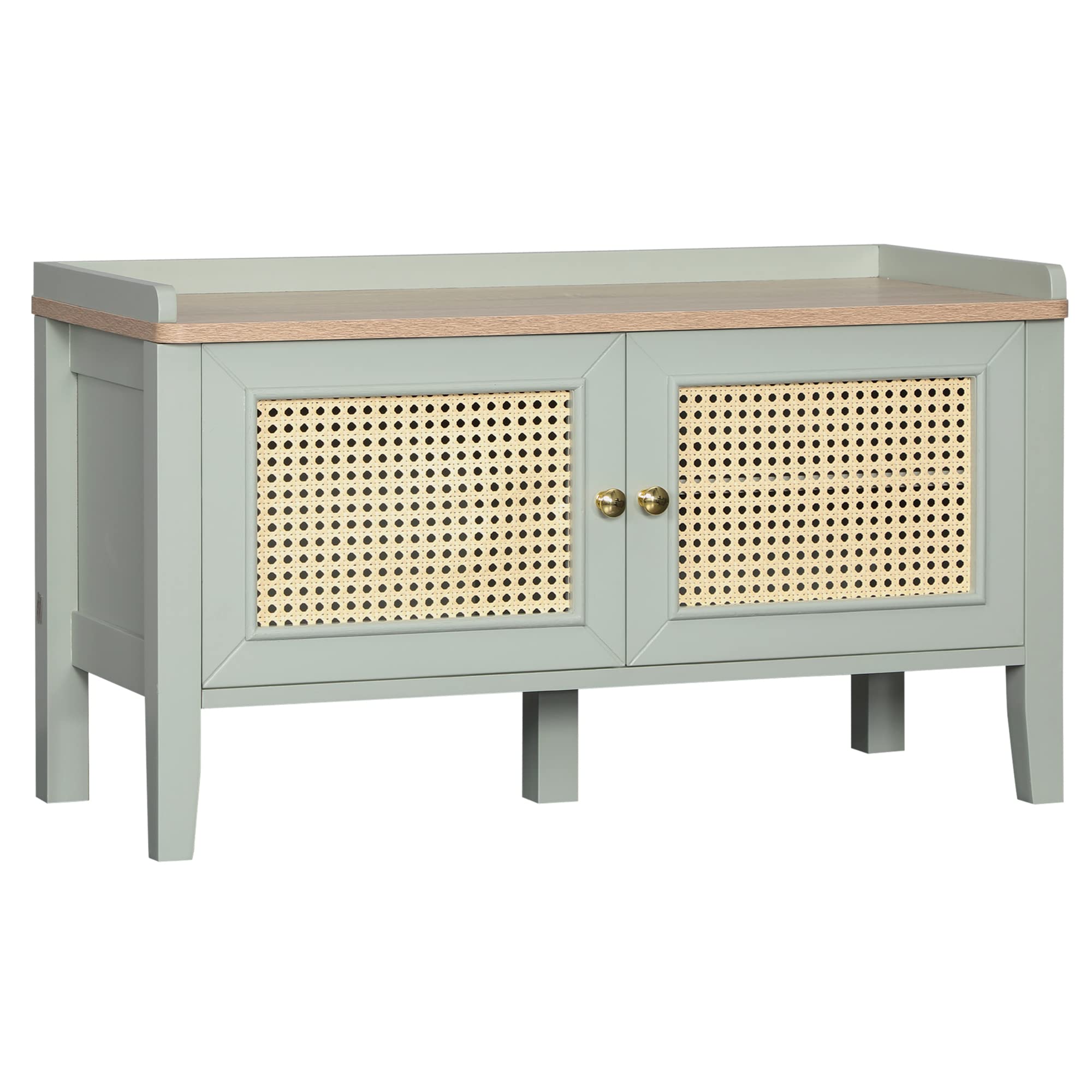 Banc de rangement vert pour une entrée épurée au style cannage