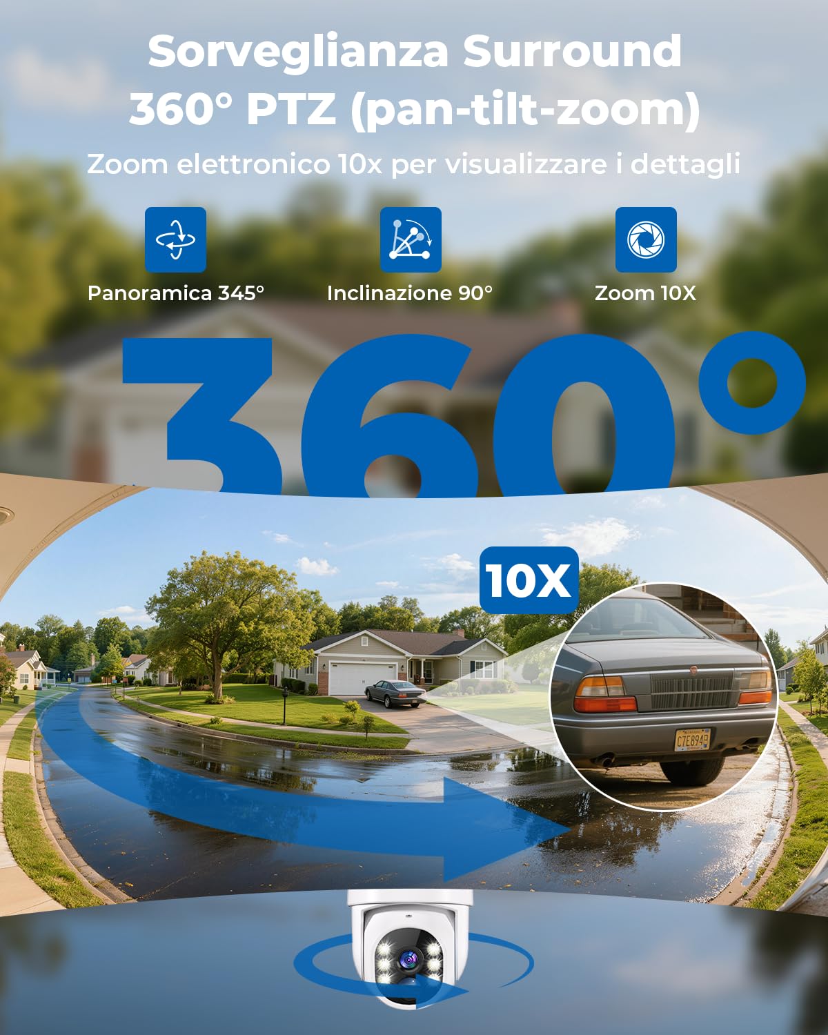 WESECUU Telecamera di Sorveglianza WiFi Esterna Senza Fili Solare 2.5K 4MP con Pannello Solare 5W, 2K QHD, Batteria 8000mAh, Wi-Fi 2.4G e 5GHz, PTZ 360° Seguimento Automatico, IP66, Rilevazione PIR