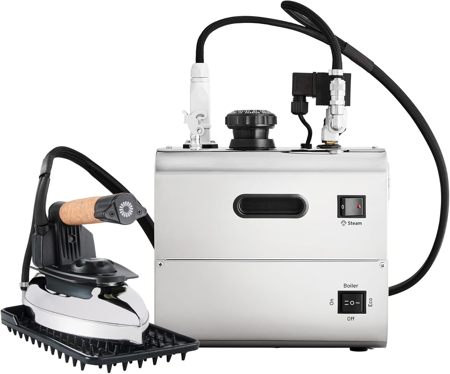 Reliable Professional Ironing Station, 2.2L, 120V Stainless Steel Tank and External Heating Element, 1800W (Boiler & Iron) Pressure Gauge, Aluminum Soleplate Iron with 7 ft Hose, Made in Italy