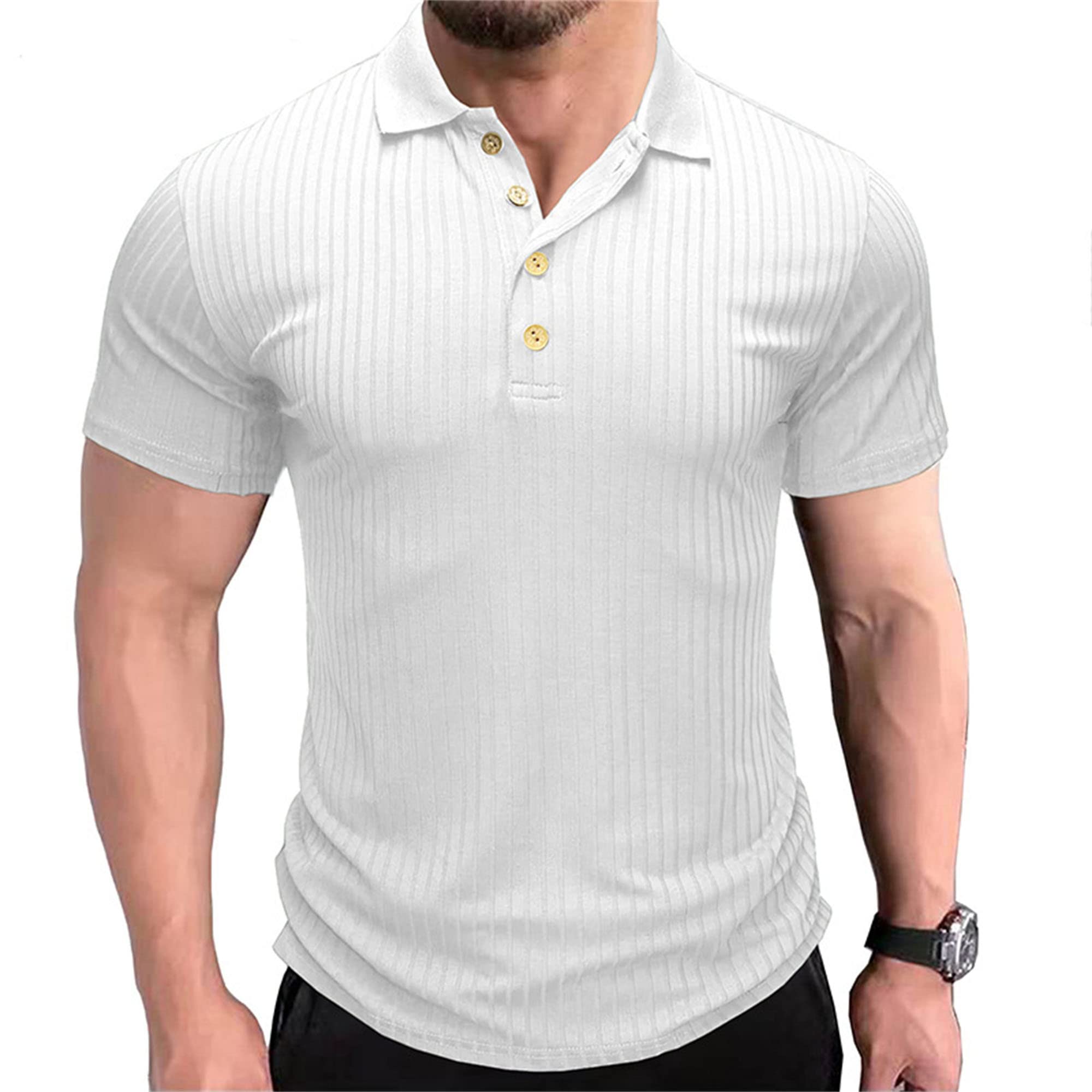 Men Button Soft Striped Tees Short Sleeve Textured Slim Fit Pullover Business Casual Golf Shirt (White,XX-Large)