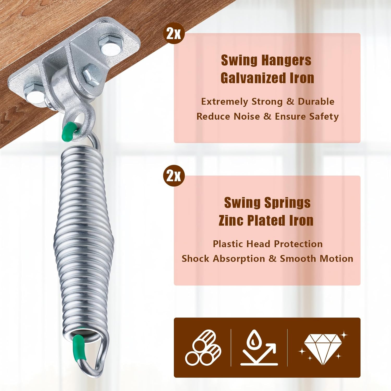 Porch Swing Hanging Kit, Heavy Duty Galvanized Iron Swing Hangers Set with Springs for Hammock Chairs or Ceiling Mount Porch or Patio Swings, Screws and Bolts Included, 2 Pack