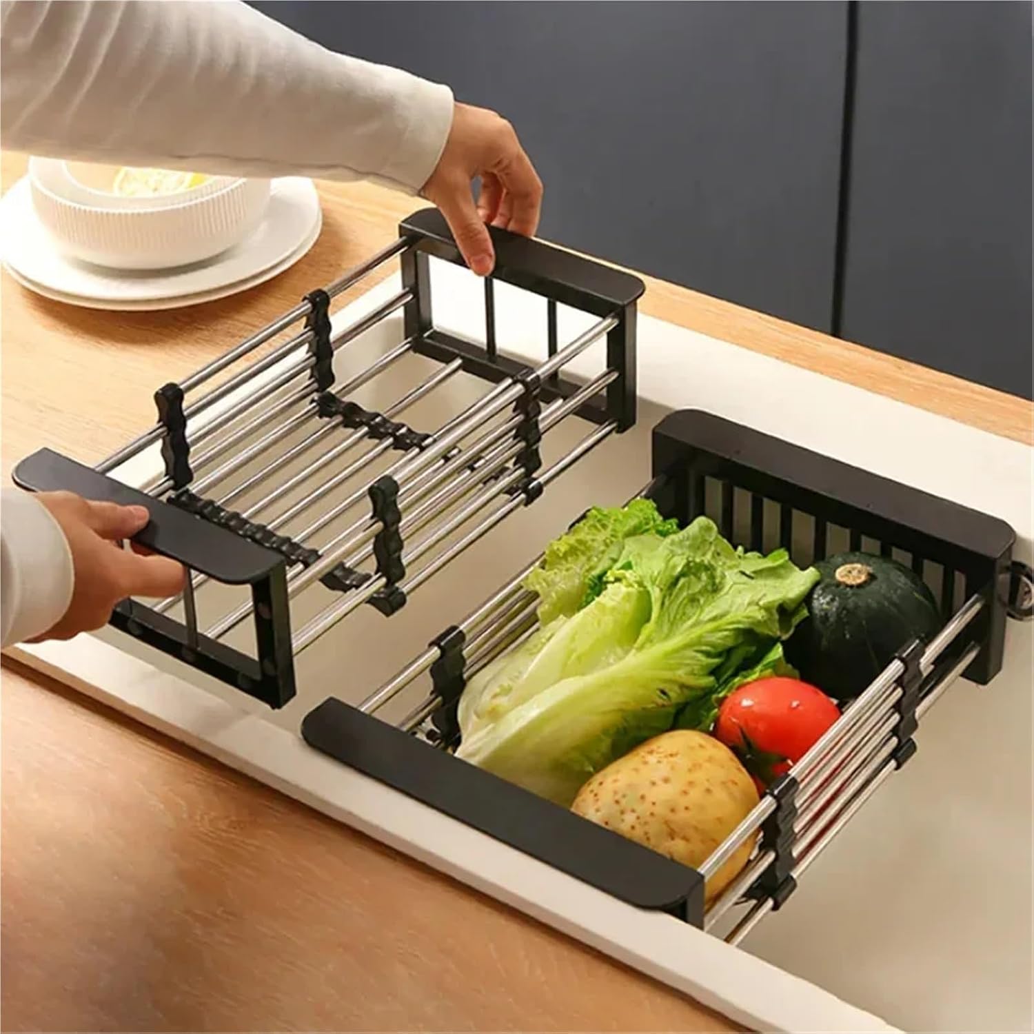 1PC Sink Drying Rack Kitchen Supplies, Vegetable Washing Basket, Stainless Steel Dish Drain Basket For Washing Dishes(S-gray B3993B)
