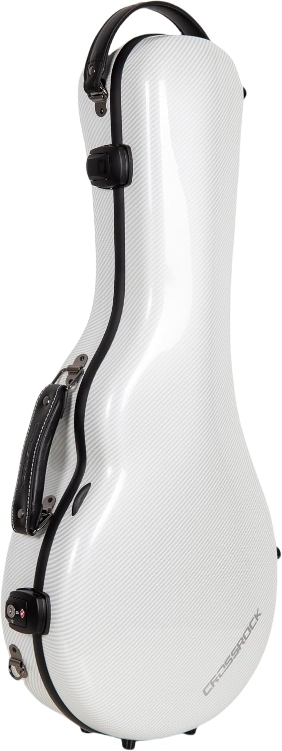 Crossrock Ultra-Light Fiberglass Mandolin Case – Contoured for F-Style (Fits Gibson F5) | White Gloss Finish, TSA Lock, Backpack Straps, Protective Cover – Pro Travel Series