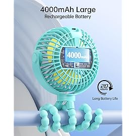 SWEETFULL Portable Stroller Fan with Display 4000mAh Battery Powered Mini Clip On Fan, 4-Speed Rechargeable Small Personal Cooling for Baby Car Seat Crib Travel - Cyan