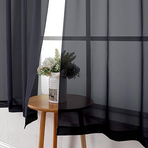 Miniatura 6 de Lecloud - Juego de 2 paneles de cortinas traslúcidas de gasa, negro, cortinas cortas ligeras para habitación y cocina, filtran la luz, con bolsillo