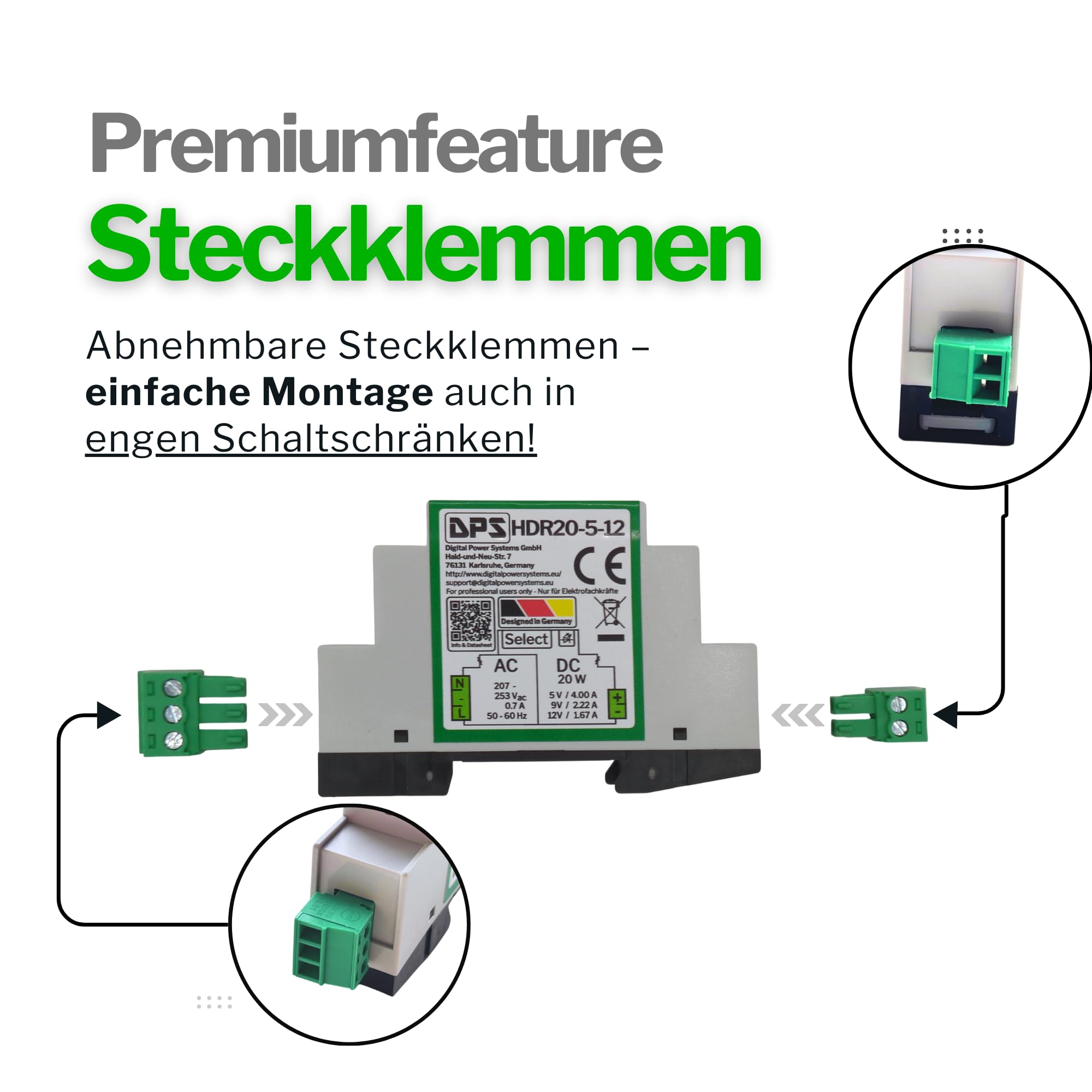 DPS – Hutschienen Netzteil 5V | 9V | 12V - 20W 230Vac Power Supply Trafo HDR20 Umschalter 5V | 9V | 12V AC NoElko Stromversorgung Industriequalität