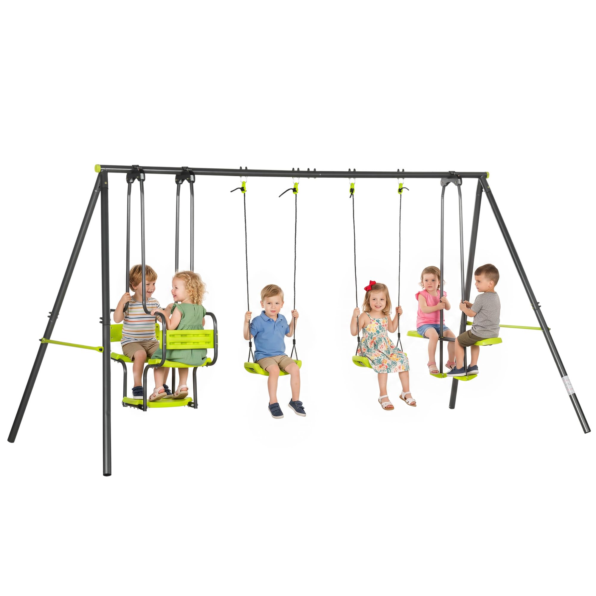 Outsunny Juego de Columpio Infantil Exterior 355x184x186 cm Verde | 2 Columpios, Asientos Abatibles, Balancín, Marco de Acero, para Niños de 3-8 Años, Parque Infantil Exterior