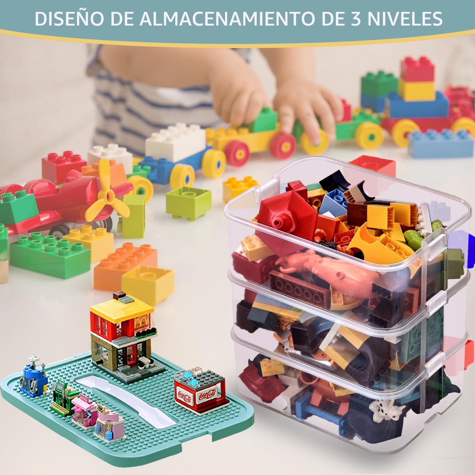 Harazaqa Juguetes Infantil Cajas Almacenaje para Lego Bloques Construccion Niños Organizador Cajones, Plastico Baul Almacenamiento 3 Capas Apilables Cesta Guardar Decorativas Transparente Piezas