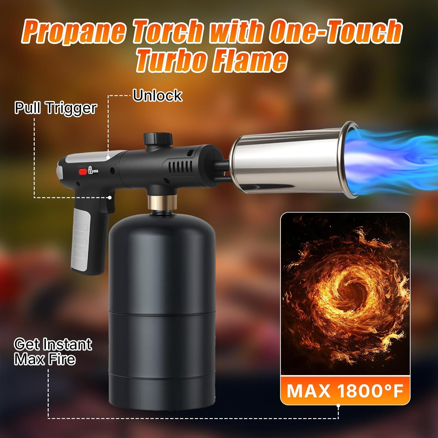 Propane Torch Gun with Dual Ignition & Safety Lock, 3272°F Turbo Flame, One-Touch Max Flame Button, Heavy Duty Adjustable Torch Lighter for BBQ, Welding, Camping (Propane Tank Not Included)