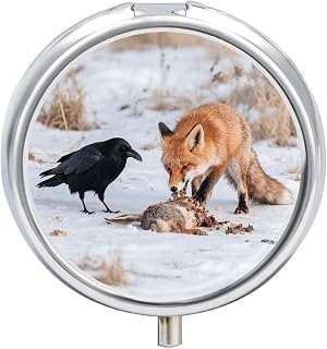 3-Compartment Pill Organizer with Mirror- Fox Raven Interaction Round Pill Case for Purse & Travel, Portable Medicine Container, Small Medicine Box for Vitamins, Fish Oil, Supplements