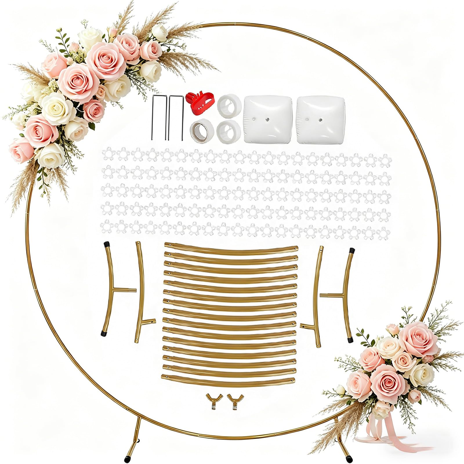 Kit d'arche de ballons ronde en métal doré de 2,2 m - Solide - Réutilisable - Avec sac à eau et accessoires - Pour mariage, anniversaire, fête