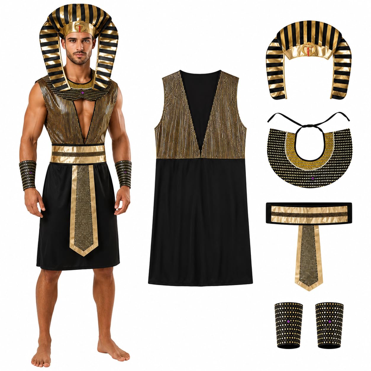 Skknuny Pharaoh Costume for Men, Egyptian Hat Fancy Dress Halloween Cosplay