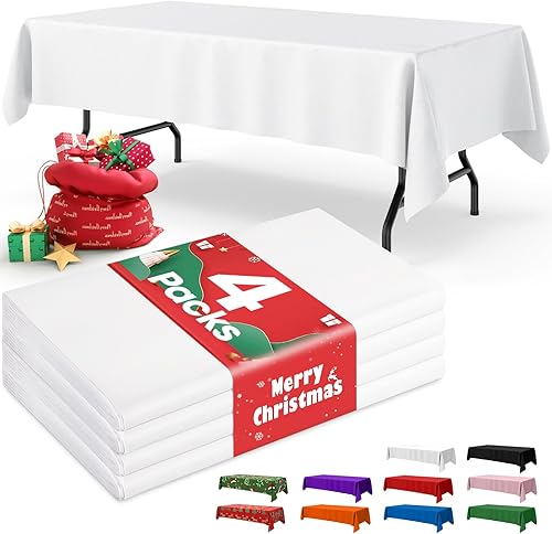 Mantel de plástico blanco, paquete de 4 manteles rectangulares desechables de 54 x 108 pulgadas para mesas de 6 pies, mantel impermeable para