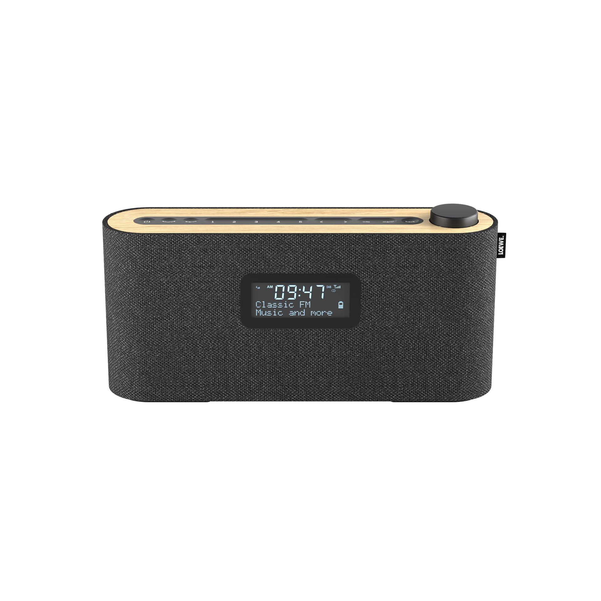 Loewe Radio.Frequency, Radio Dab+, 28 vatios de Sonido, Pantalla LCD, 14 Horas de Tiempo de reproducción, Madera, Tela, Radio, Larga duración de la batería, manejo fácil.