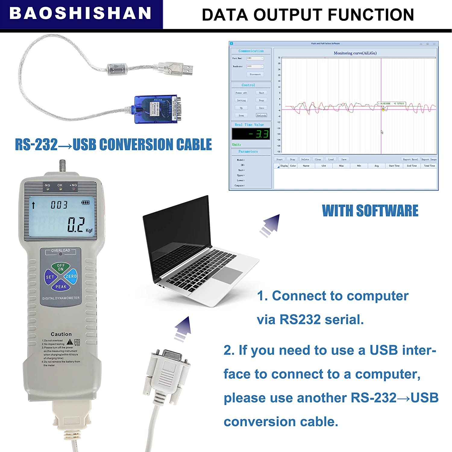 BAOSHISHAN Digitaler Kraftmesser Push-Pull-Messgerät-Tester mit USB-RS232-Schnittstelle LCD-Kraftmess-Schubmesser ZP (1000N mit Kunststoffgehäuse)