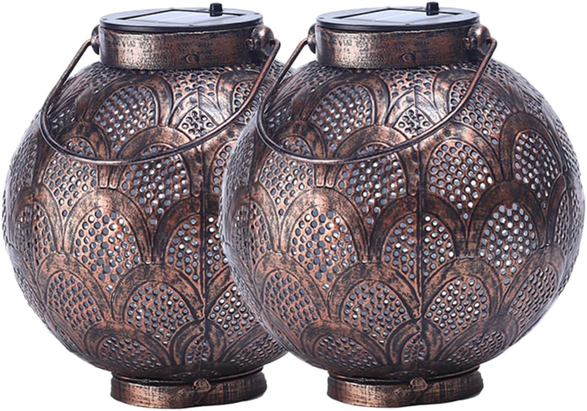 DOITOOL 2pcs Solar Lanterns Decorative Led Garden Lights for Outdoor Patio Hanging Solar Lanterns Elegant Hollow Projection Design for Pathway and Landscape Decor