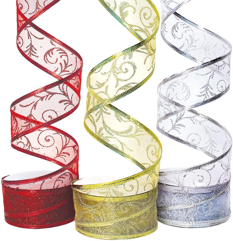 Wire Edged Ribbon Silver Sheer Organza Gift Wrap Ribbon 50 Yards x 2.5 inch Wide Clearance Metallic Wired Trim & Glitter Decorative White 1 Roll Large