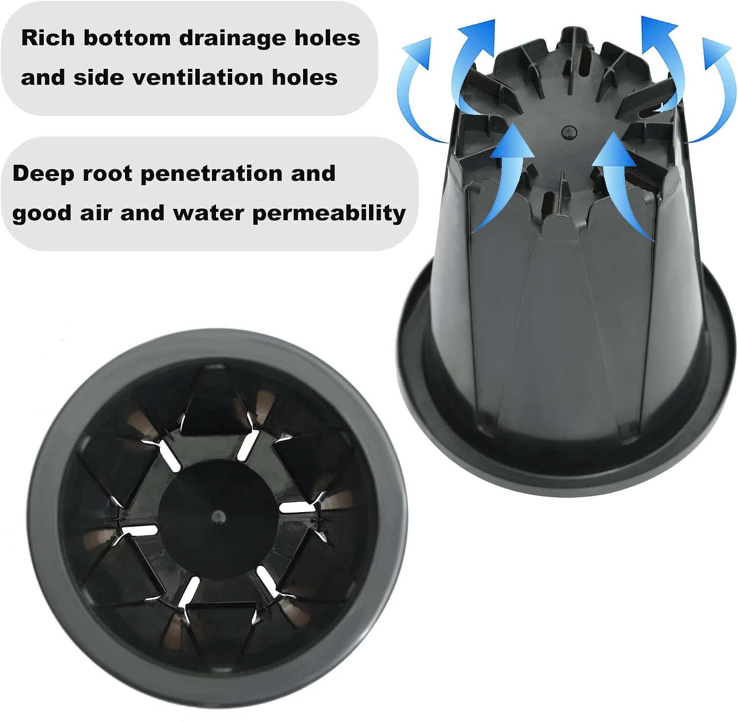 S SUSANN 6 inch Plant Pots, 6 Pack Flower Pots Outdoor Indoor, Planters with Efficient Drainage and Ventilation Holes (Black)