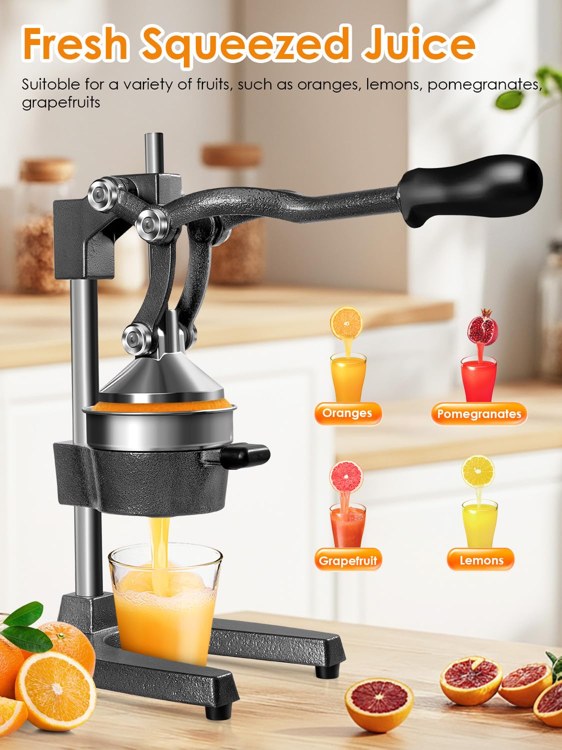 Saftpresse Manuell, Zitruspresse und Orangenpresse, Profi Zitronenpresse Handpresse mit 9cm Öffnung, Leicht zu Reinigende Zitruspresse, Profi Orangenpresse für Orangen Zitronen Granatäpfel Grapefruits