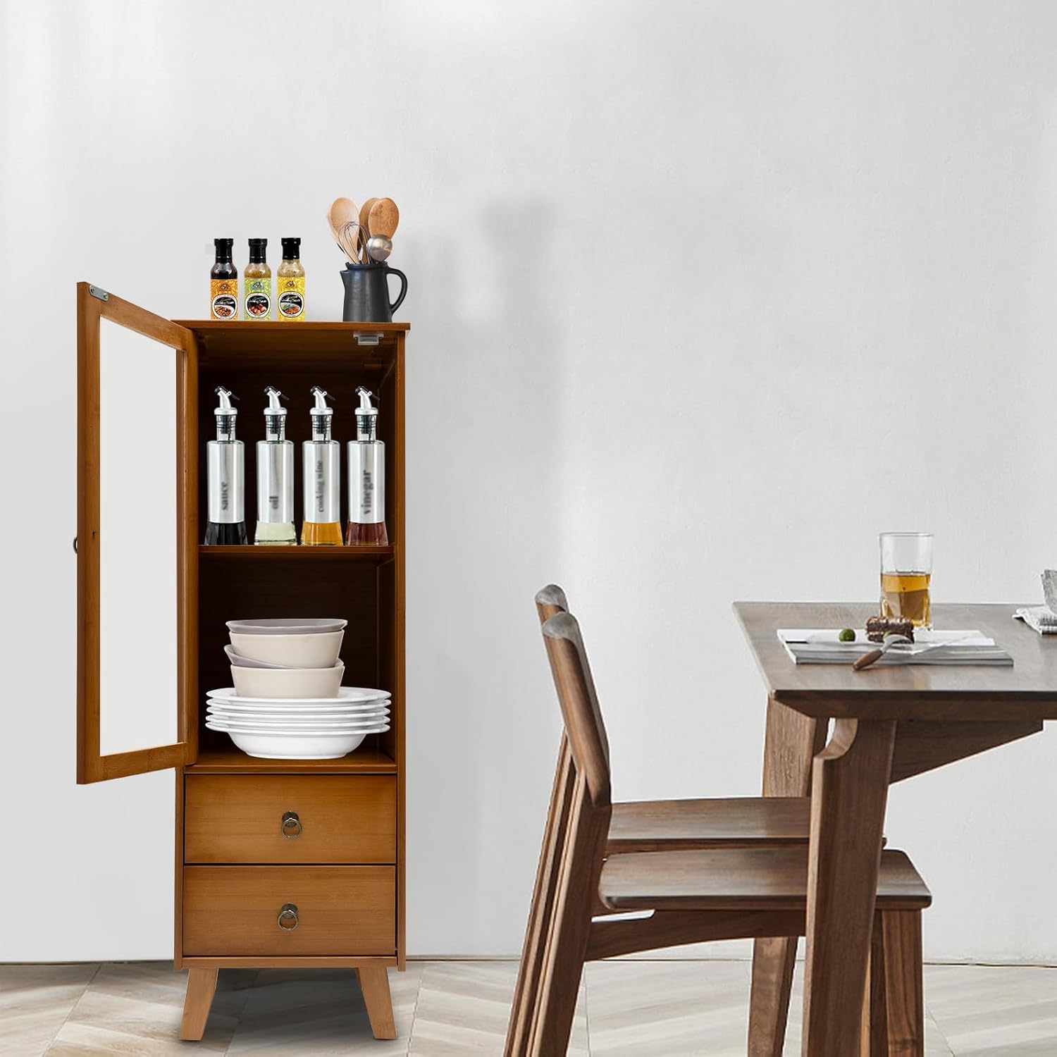 Wooden Floor Cabinet with 1 Door and 2 Drawer, Narrow Side Storage Cabinet, Kitchen Sideboard Dining Storage Cupboard, Brown