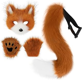 Sponsored Ad - Adolala Faux Fur Fox Tail Cat Wolf Set Plush Mask Fluffy Paw Gloves Halloween Christmas Party for Women